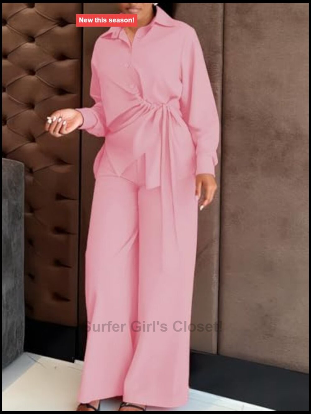 Button Down Shirt and Wide Leg Pants Matching Set 2 Piece Outfit - Picture 2 of 7